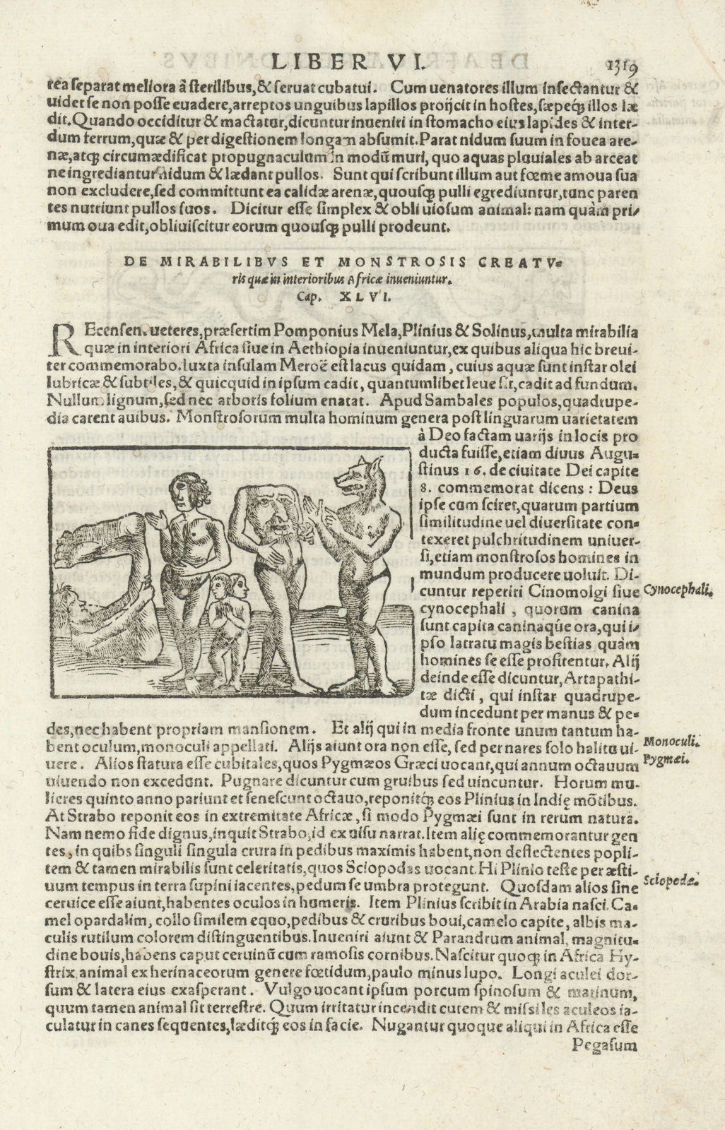 African monsters. Cynocephalus Cyclops Pygmy Sciopode. SEBASTIAN MÜNSTER 1572